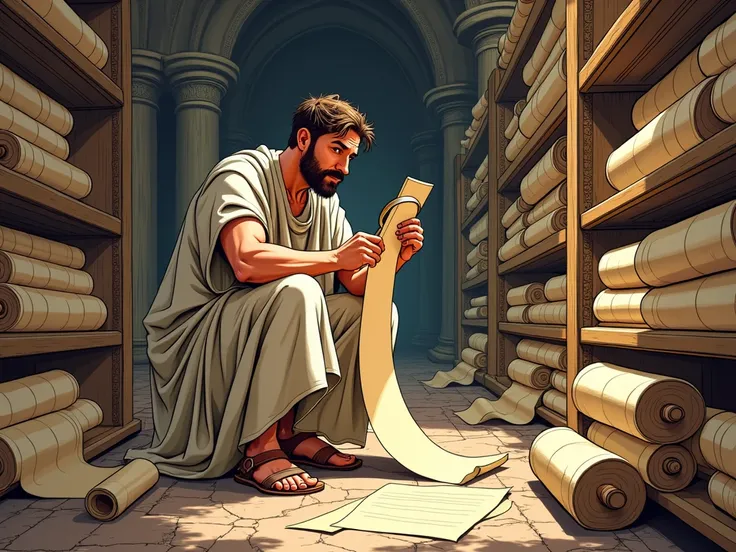 professional illustration of a man wearing tunic and sandals sitting at a ancient Hebrew room with many scrolls, looking at a scroll with a magnifying glass, in bible times, comic style.