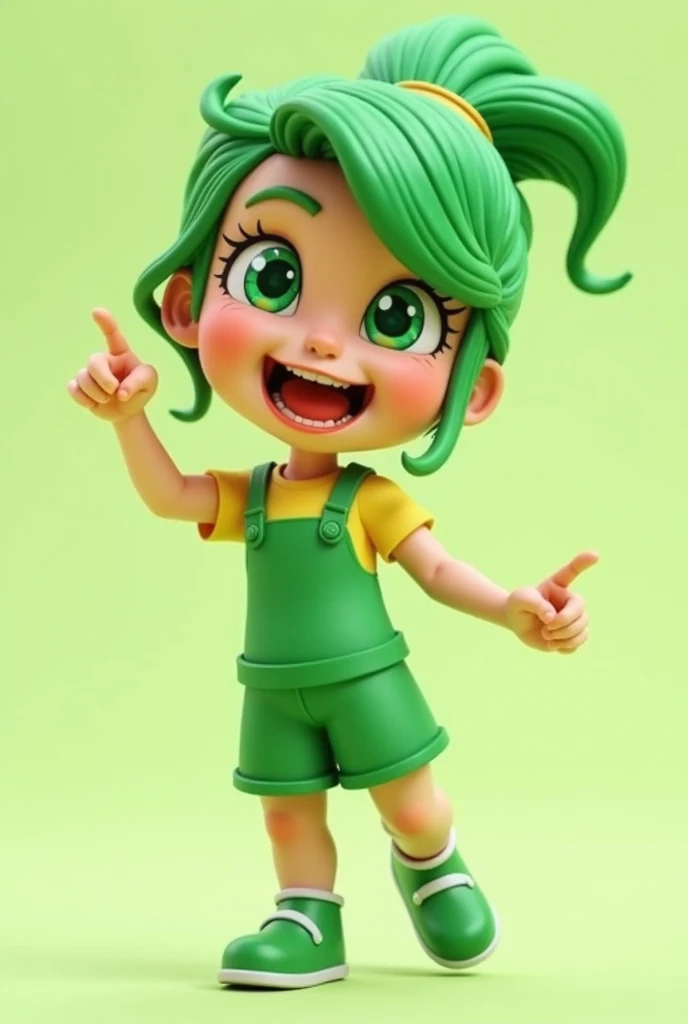 Roblox avatar, light skin, green hair, female, green eyes, wearing green clothes, smiling, and making a silly pose, ROBLOX GAME AVATAR