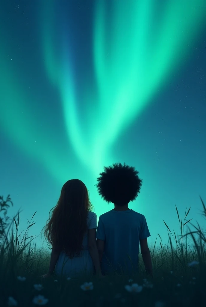  A background of a night with northern lights, a white-skinned girl,  hair with long brown hair , and a dark-skinned boy ,  with black afro ,  sitting on the grass watching the sky  