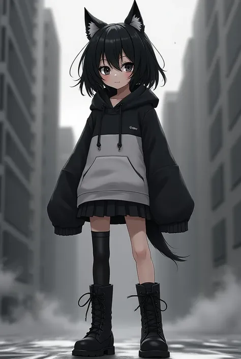 Anime girl with a black wolf cut with black eyes black and white hoodie and skirt with black boots