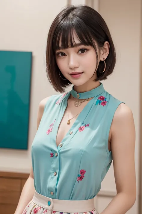 Portrait of a young woman with short black bob hair。She shows a happy seductive smile。Her straight cut bangs lightly fall over her eyebrows.、Her long eyelashes are impressive, and her deep eyes are very attractive.。Her lips are plump and naturally pink.、Ne...