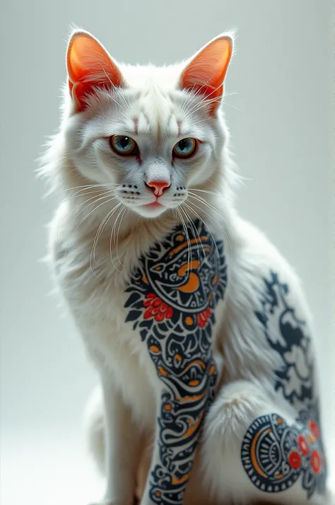 White cat with tattoos 