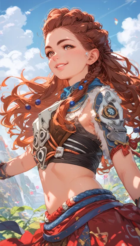 ((AloyHorizon)), solo, long hair, smile, brown hair, hair ornament, navel, brown eyes, bow, braid, outdoors, parted lips, sky, day, midriff, red hair, from behind, full trival clothing , blue sky, lips,  thick eyebrows, front viwe 