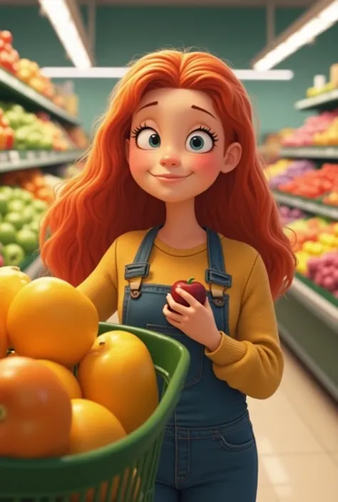 Eva goes grocery shopping with her mom: In a bright grocery store, Fat Eva with a long red hair pick out fresh fruits and vegetables. Eva’s smiling, looking at an apple in her hand. The store is colorful with rows of healthy produce.

