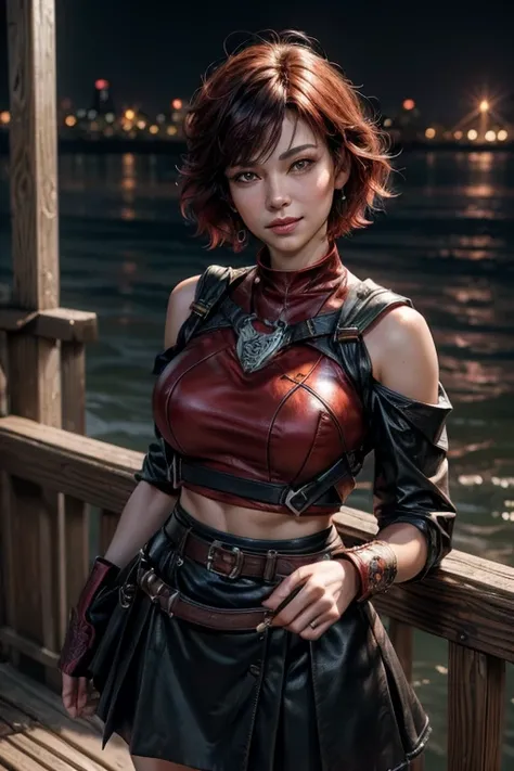 srwby, short hair, black hair, red hair, t-shirt, skirt, gradient hair, grey eyes, standing outside, smiling, (cowboy shot), dynamic pose, standing on deck of ferry, river, crowd, intricate details, tonemapping, sharp focus, hyper detailed, (masterpiece,st...