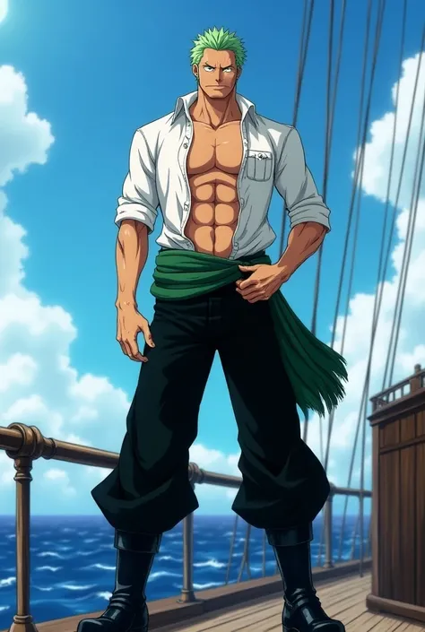 Roronoa Zoro Handsome Man, strong sexy, short light green hair green eyes black pirate pants unbuttoned white shirt black boots with belt on the pirate ship in the blue sea full body anime style 