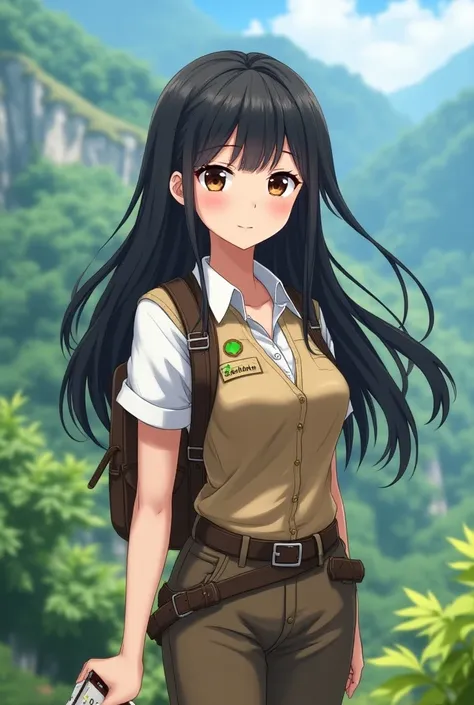  Beautiful girl with long black hair, ropa de guia turistico,  brown eyes tour guide clothing in anime version 
