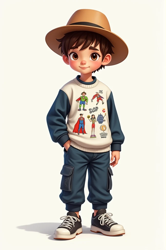 Draw a brown-haired  boy with brown eyes wearing a lead-colored hat with a white sweater with drawings of superheroes, navy blue sleeves with a navy blue sports heater with plumed sneakers 