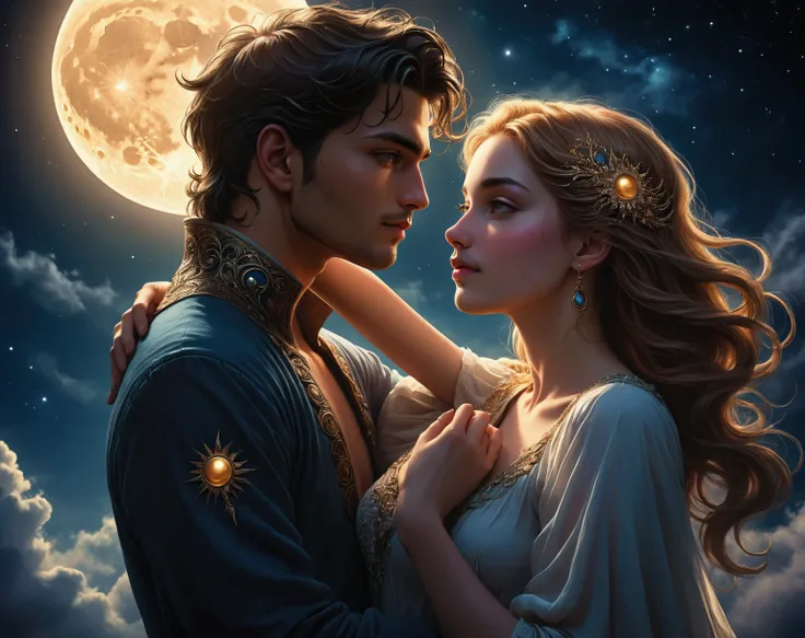 a beautiful man in the sun embracing a beautiful woman in the moon, romantic lovers, intricate detailed portrait, dramatic lighting, moody and mysterious, dreamlike and surreal, fantasy art, striking colors, chiaroscuro, cinematic composition, depth of fie...