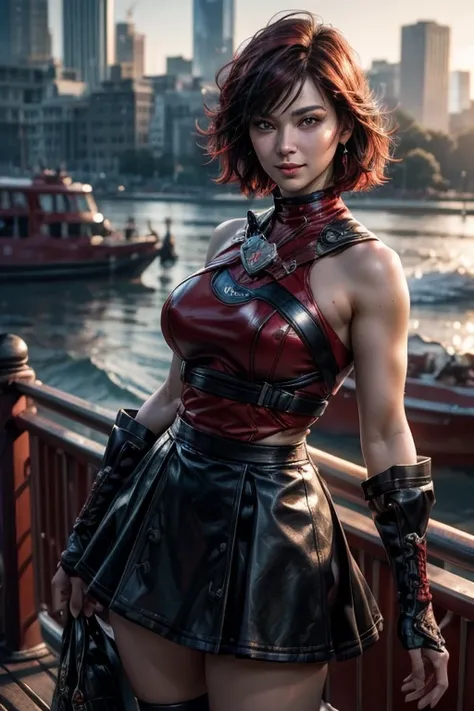 srwby, short hair, black hair, red hair, t-shirt, skirt, gradient hair, grey eyes, standing outside, smiling, (cowboy shot), dynamic pose, standing on deck of ferry, river, crowd, intricate details, tonemapping, sharp focus, hyper detailed, (masterpiece,st...