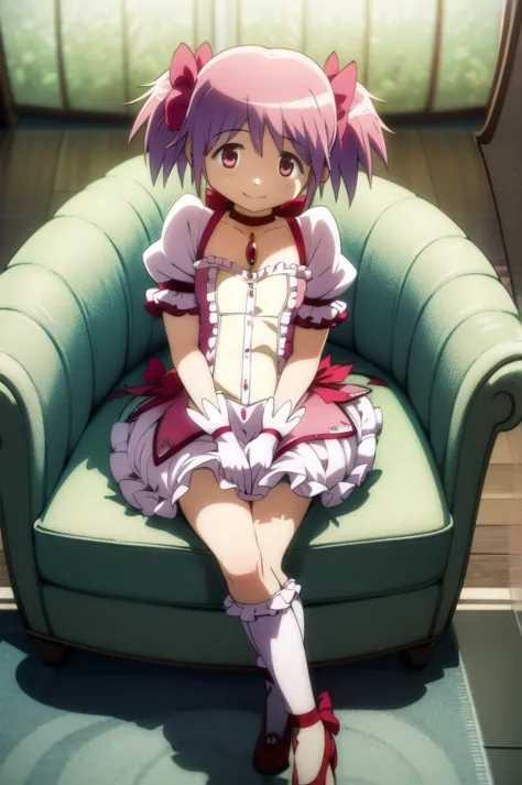 one girl , alone, masterpiece, best quality, gloves, 魔法少女まどか☆マギカ, madoka kaname, madoka kaname, pink eyes, pink hair,  short hai...