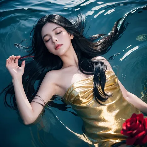 overhead view,woman lying underwater,black hair,eyes slightly closed,long eyelashes,black ear diamonds,red rose in hand,golden flowing water ripples,splashing water and fine golden light,light effect,long black hair flowing in the water,long eyelashes look...