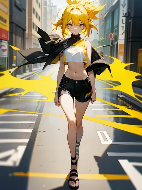 A girl walking in the street with; flipflops(black), black shorts, black crop top yellow hair