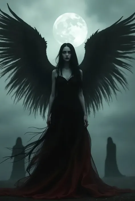 a dark fantasy scene, a dark angel with large wings, black and grey feathers, pale skin, intense gaze, long black hair, dark makeup, black and red dress flowing in the wind, dark cloudy sky, moon in the background, shadowy figures in the distance, dark atm...