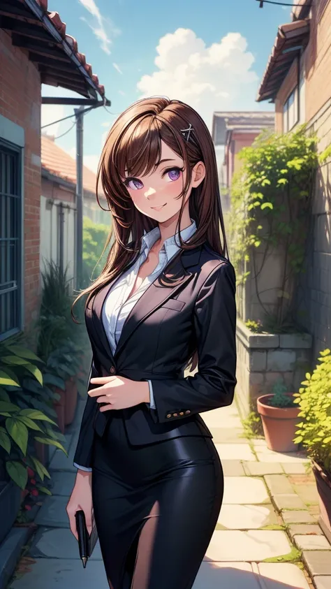 ((masterpiece, best quality:1.8, high detail)), ((1girl)), (beautiful woman), looking at viewer, facing viewer, smile, bright purple eyes, solo focus, long hair, ((brown hair)), hairpin, (blazer), (black midi pencil (skirt)), slim body, sidewalk, garden, l...