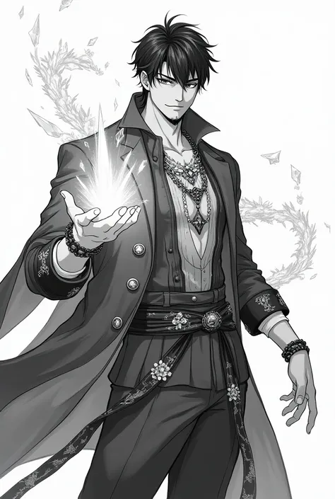  A MANGA-style image , sin color, of a sturdy man ,  short black hair , with a small beard , with crystal powers and Extravagant yet modern clothing