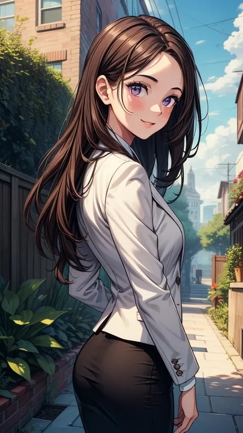 ((masterpiece, best quality:1.8, high detail)), ((1girl)), (beautiful woman), looking to side, smile, bright purple eyes, solo focus, long hair, ((brown hair)), hairpin, (blazer), (black midi pencil (skirt)), slim body, sidewalk, garden, leaves, clouds, (r...