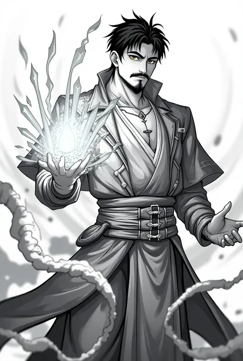  A MANGA-style image , sin color, of a sturdy man ,  short black hair , with a small beard , with crystal powers and Extravagant yet modern clothing