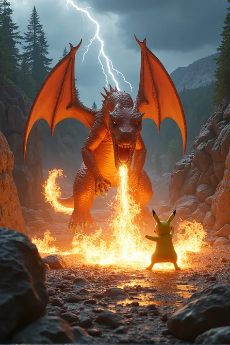 A highly realistic scene of a fierce battle between a dragon-like creature with orange scales, large wings, and a flaming tail (resembling Charizard) and a small yellow, mouse-like creature with electric powers (resembling Pikachu). The dragon is flying sl...