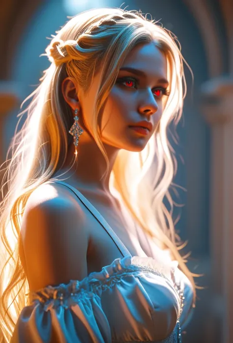 a beautiful girl with bright red eyes, long blonde hair, wearing a white gothic dress, detailed portrait, (best quality,4k,8k,highres,masterpiece:1.2),ultra-detailed,,intricate details, dramatic lighting, cinematic composition, mystical, ethereal,dramatic,...