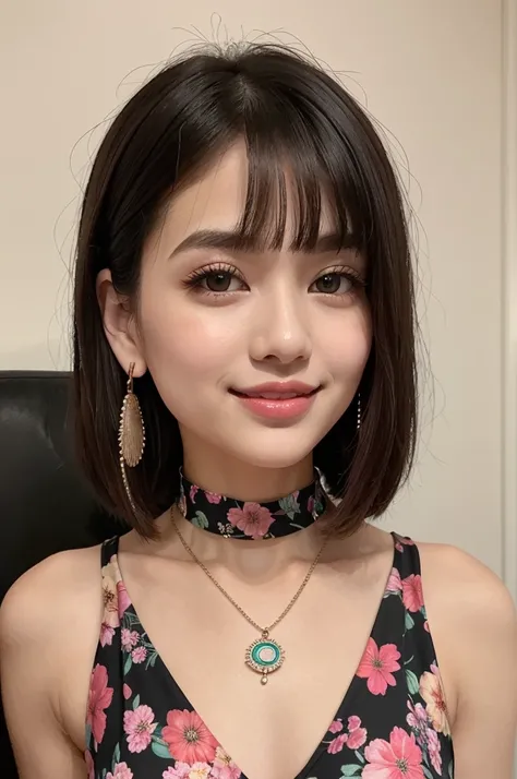 Portrait of a young woman with short black bob hair。She shows a happy seductive smile。Her straight cut bangs lightly fall over her eyebrows.、Her long eyelashes are impressive, and her deep eyes are very attractive.。Her lips are plump and naturally pink.、Ne...