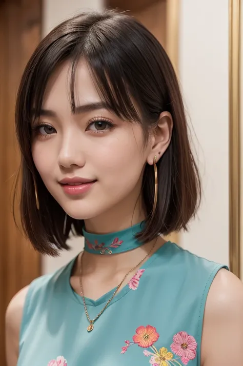 Portrait of a young woman with short black bob hair。She shows a happy seductive smile。Her straight cut bangs lightly fall over her eyebrows.、Her long eyelashes are impressive, and her deep eyes are very attractive.。Her lips are plump and naturally pink.、Ne...