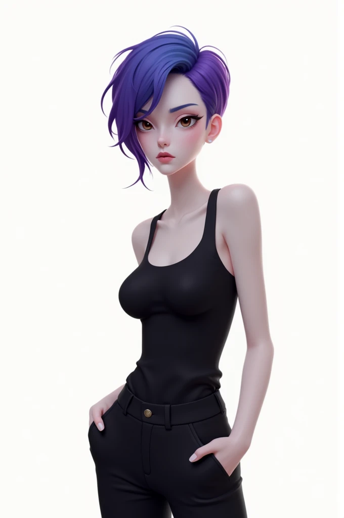 adult woman, without much breast,  With a seductive look , wearing a black tank top and black pants with her hand in her pocket .  The woman has light brown eyes and white skin purple and blue hair,mens cut.   white background, 3D illustration ,  human bei...