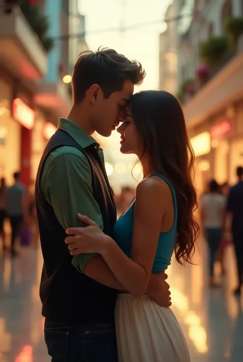 photo of a young boy, 18 years old, kissing a beautiful girl, , on the lips in a shopping center. The boy has short hair and is wearing a green shirt and a black vest. The girl has long hair and is wearing a blue top and a white skirt. They are standing in...