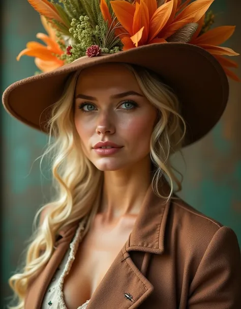 Portrait of a determined woman in a vintage setting, showcasing a hyper-realistic style. She has wavy, blonde hair loosely styled and wears an extravagant wide-brimmed hat adorned with feathers in shades of orange and green. Her attire is a textured, earth...