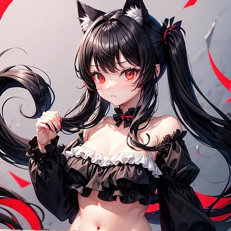   black hair　cat ears　　black ruffle off-the-shoulder　　　 red eyes　  twin tails　belly button　　　Eating a Frankfurt