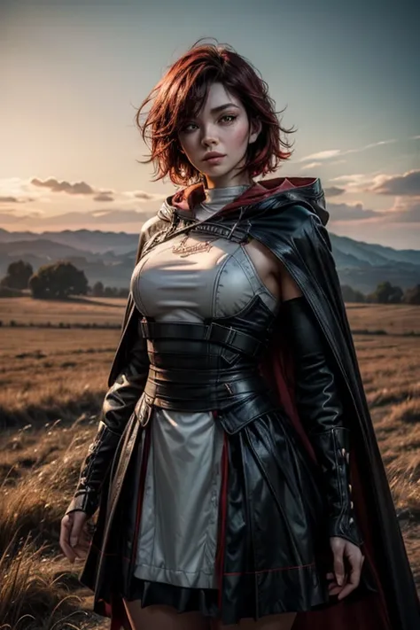 srwby, short hair, black hair, red hair, t-shirt, skirt, gradient hair, grey eyes, white hooded cloak, standing outside, (cowboy shot), dynamic pose, standing on road in the middle of a field, the stretches into the distance, leading to a spooky house on t...