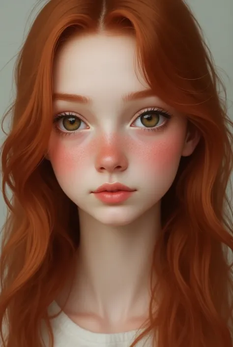  Create a redhead with brown eyes ,  freckles on the nose and cheekbones,  long hair and thin mouth , young and rounded face . realistic . 