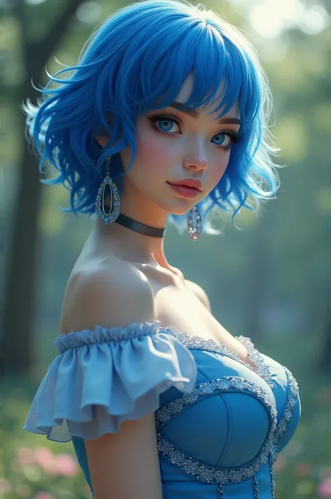 Ultra-realistic 8k CG, masterpiece, ((Ultra detailed background, delicate patterned, Intricate details)), best quality, Intricate details, Chromatic Aberration, woman, 20 years old, blue hair, wavy hair, short hair, blue dress, big breasts, blue lipstick, ...