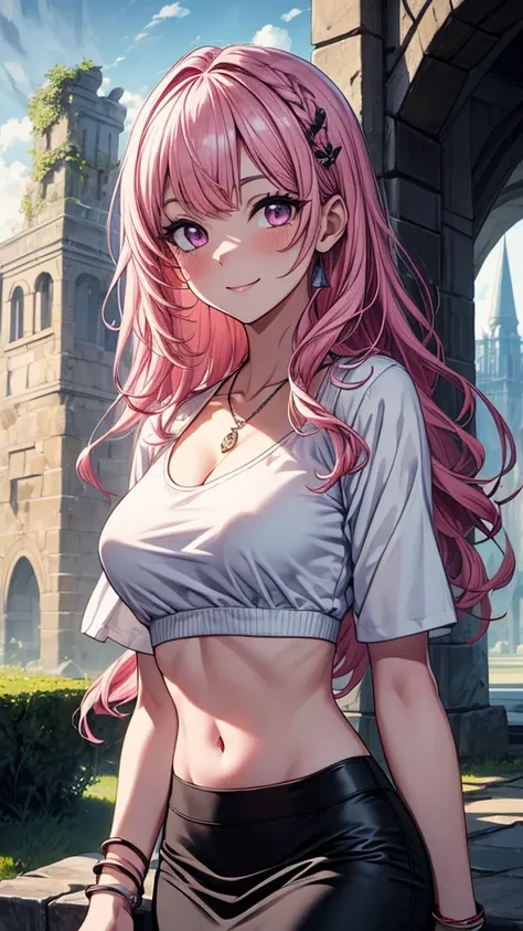 ((masterpiece, best quality:1.3, high detail)), beautiful woman, smile, looking at viewer, long wavy hair, (pink hair), hairpin, bright purple eyes, light blush, (white crop top), (long black midi (pencil skirt)), midriff, navel, necklace, bracelets, colla...