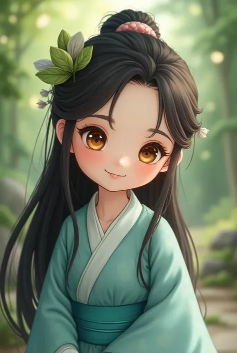 beautiful and cute toodler girl, round golden willow eyes, long black hair, innocent gaze, cheerful expression, friendly big smile, three leaf and peony flower hair clip, blue-green wide sleeve shoulder cut hanfu, a small birthmark in the shape of an easte...