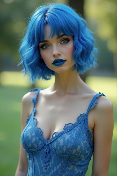 Ultra-realistic, masterpiece, ((Ultra detailed background, delicate patterned, Intricate details)), best quality, Intricate details, Chromatic Aberration, woman, 20 years old, blue hair, wavy hair, short hair, blue dress, big breasts, blue lipstick, blue e...