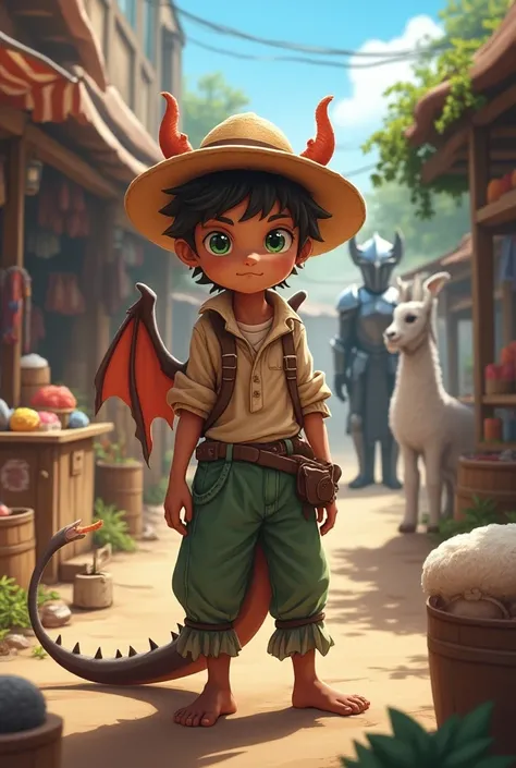 A brown-skinned male teenager with green eyes is wearing a straw hat and farmers clothing, he has small horns, dragon wings and a dragons tail, his body seems very fragile, he comes after him, he has a vending of products and alpacas wool and also a local ...