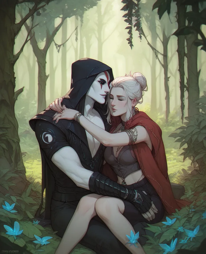 frieren, fern, sitting together in forest, hug each other