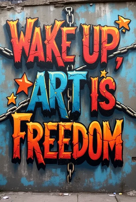 Make a graffiti that says  "Wake up:  true art is freedom ,  no the prison of consumption ."   that is done using large and dynamic letters with a graffiti style of bubbles or angular characters. - Add vibrant colors such as red , , blue and yellow to high...