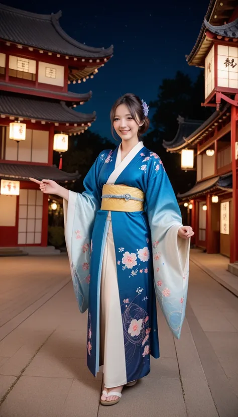 a beautiful japanese woman, wearing a kimono, smiling, full body, old japanese town at night, beautiful detailed eyes, beautiful...