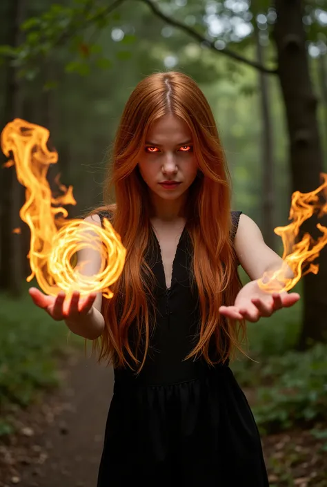 young redhead haired young woman 16 yo in black dress holding a glowing ball of fire, evil fire sorceress in the woods, casting fire spell, the sorceress casting a fireball, casting a fire spell, witch fairytale, female mage conjuring a spell, casting a fl...