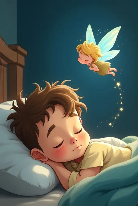 Cartoon of a boy sleeping and a fairy appears to him