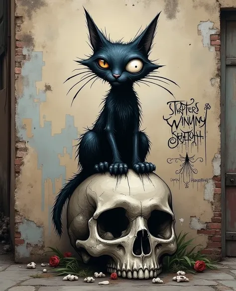 Create a graffiti drawing of a cat without an eye sitting on top of a skull in the style of Tim Burton
