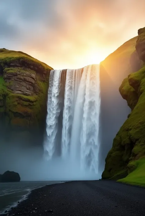 Cascades de Seljalandsfoss, Iceland : une vue de la cascade de Seljalandsfoss vue de derrière,  offering a unique panorama of the waterfall and the Icelandic landscape. Le soleil couchant traverse les chutes, creating golden reflections and a slight rainbo...