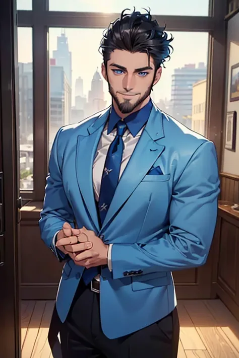 a handsome 35 year old man, 3 day beard, dark hair, sharp jawline, (mesmerizing blue eyes), perfectly styled hair, wearing cool anime outfitt, dynamic lighting, (CEO), (expression, smile in love), (best quality,4k,8k,highres,masterpiece:1.2),ultra-detailed...