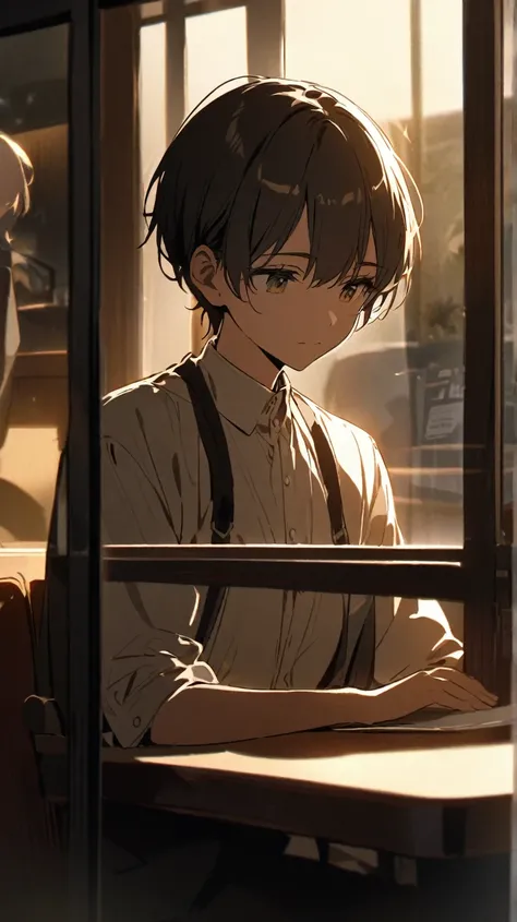 A young character sits across from a friend in a quiet café, gazing at them intently with a calm expression. The friend begins speaking but hesitates, glancing down uncertainly. The background shows a softly lit café, with light streaming in through a near...