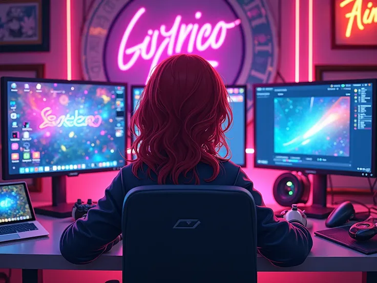 painted gamer girl room in neon with HokomiMeow lettering, girl with red hair 