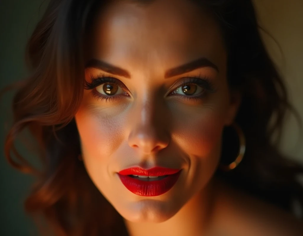 Close-up shot of a curvaceous mature womans face, showcasing her wicked charm as she playfully teases the camera with a sly smirk. Her bright red lipstick and piercing eyes seem to dare the viewer to take a step closer. Soft focus background with warm gold...