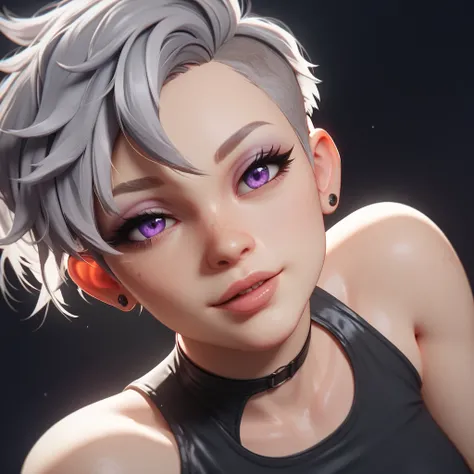 1girl,black background, face only, purple eyes, gray hair, form above, close-up, leotard, 4k, hd, messy pixie,  looking at the viewer, repaired eyes, slim body