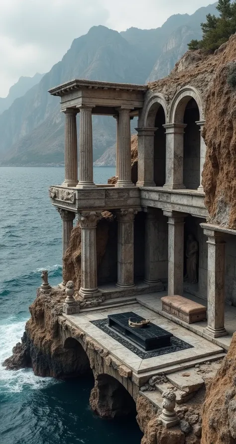 photo taken from the side, on a huge 10 meter long balcony, balcony carved on a giant brown rock, on the edge of a cliff overlooking the violent sea, many mountains like those in Greece around. Balcony floor in black and white marble, black marble table, a...